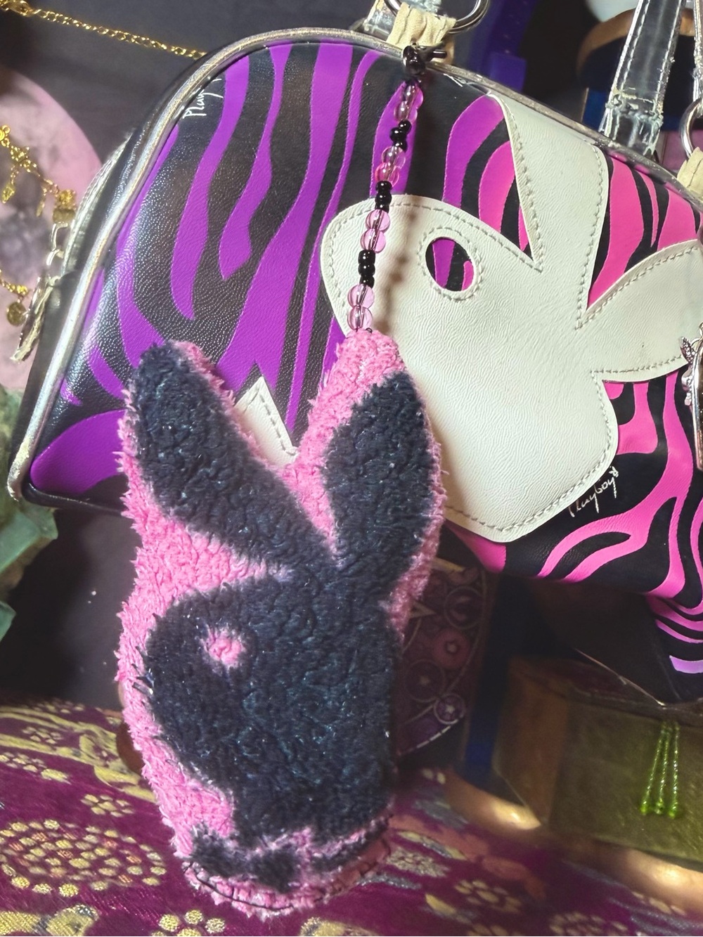 Playboy Bunny Logo Plush Keychain Purse Charm Pink & Black